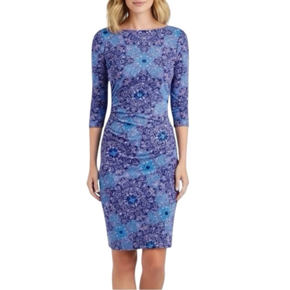 J. MCLAUGHLIN Catalina Cloth Ruched Side Dress Blue Tile Medium M